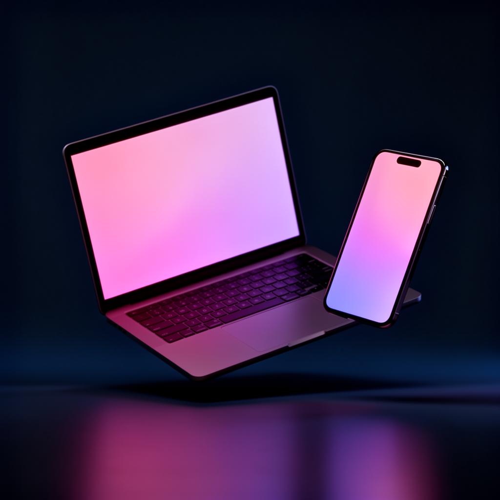 Glowing laptop and phone device mockup